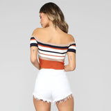 Spring And Summer Explosion Of Women's Stripes Lace Bare Back Shoulder Leakage Collarbone Short T-Shirt Women's Top