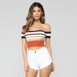 Spring And Summer Explosion Of Women's Stripes Lace Bare Back Shoulder Leakage Collarbone Short T-Shirt Women's Top