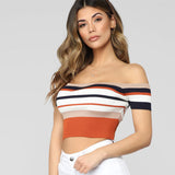 Spring And Summer Explosion Of Women's Stripes Lace Bare Back Shoulder Leakage Collarbone Short T-Shirt Women's Top