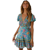 2025 New Summer V-Neck Sexy Bohemian Print Dress Skirt Women's Dress