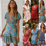 2025 New Summer V-Neck Sexy Bohemian Print Dress Skirt Women's Dress