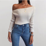 Women's Spring New Sexy Fashion Long-Sleeved Knitted Shirt Slanted Shoulder Sweater Top Woman