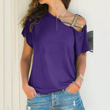 Summer Explosion Casual Slanted Shoulders Cross Irregular Short-Sleeved Print Women T-Shirts