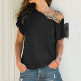 Summer Explosion Casual Slanted Shoulders Cross Irregular Short-Sleeved Print Women T-Shirts