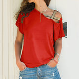 Summer Explosion Casual Slanted Shoulders Cross Irregular Short-Sleeved Print Women T-Shirts