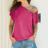 Summer Explosion Casual Slanted Shoulders Cross Irregular Short-Sleeved Print Women T-Shirts