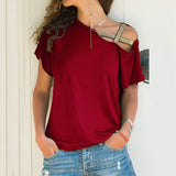 Summer Explosion Casual Slanted Shoulders Cross Irregular Short-Sleeved Print Women T-Shirts