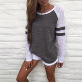 2025Ebay Fashion New Summer Hit-Colored Stripe Splicing Long-Sleeved T-Shirt Round Collar Top Lady
