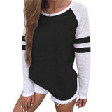 2025Ebay Fashion New Summer Hit-Colored Stripe Splicing Long-Sleeved T-Shirt Round Collar Top Lady