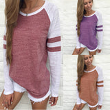 2025Ebay Fashion New Summer Hit-Colored Stripe Splicing Long-Sleeved T-Shirt Round Collar Top Lady