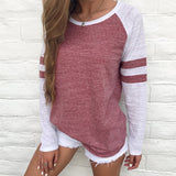 2025Ebay Fashion New Summer Hit-Colored Stripe Splicing Long-Sleeved T-Shirt Round Collar Top Lady