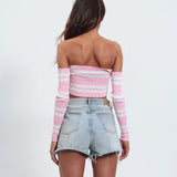 Summer T-Shirt Women's Knitted Sexy Hot Babes Bare Back Long Sleeve Cover Umbilly Short Bow Topess Female