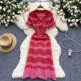 Light Luxury High-Striped Knitted Dress Women's Summer V-Neck Hollow Thin Airable Design Design Long Dress