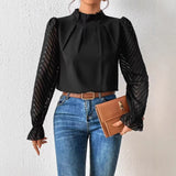 2025 Spring And Autumn New Solid Color Half Height Folding Spliced Wavy Lotus Leaf Side Long Sleeve Yarn Cloth