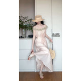Korean Atmosphere Feeling A Word Shoulder Pink Dress Women's Seaside Vacation High-End Fairy Dress