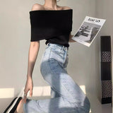 French Retro Sexy Shoulder Repair Slimming Paper Pieces Knitted Vest T-Shirt Blouse Short Short Sleeve