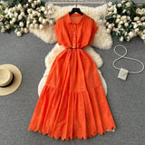 Small Design Buckle Loose Collar With Long Dress Women Summer Waist 100 Folded Shirt Collar Splicing Long Dress