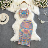Fashion Suit Female Design Sense Rainbow Crash Sling Sling Vest Two Sets Of High-Rise Thin Bag Hip Half-Dress