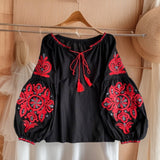 Ins Travel To Shoot Retro National Wind Embroidery With Tuxedo V-Neck Lantern Sleeve Top Lady 0515