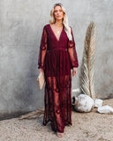2025 New Women's Lace Long-Sleeved V-Neck Solid Chiffon Summer Dress