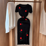 2025 Summer Fashion Temperament Short-Sleeved Round To Receive Waist Thin Long Embroidery Knitted Coat Dress