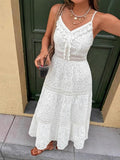 2025 Women's New Sling INS Hot V-Neck White Hollow Escium Embroidery Dress