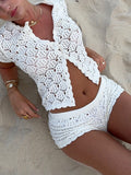 2025 Spring And Summer New Women's Shawl Short Hollow Knitted V-Necked Shirt Shorts Lace