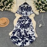 Printed Short-Sleeved Dress Women Autumn Polo Tie Straps To The Waist Design Small Chic Temperament Long Dress