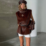 2025 New Women's Fashion Fashion Pure Color High-Collar Hairy Shoulder Sleeveless Vest Topess