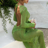 2025 Spring Summer New Women's Clothing Sexy Hollow Perspective Holiday Solid Color Bare Back Knitted Long Dress Girl