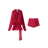 Pressed Folding Ribbon Design Loose Waist Mini Dress Shorts Set 2025 Spring And Summer Street Fashion Woman