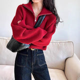 Design Sense Half-High Collar Zipper Red Knitted Shirt Women's Short Autumn And Winter New High-Waist Sweater Loose Thick Coat