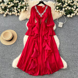 French High-End Elegant Dress Women Fashion Heavy Industry Embroidery Stender V Collar Waist Temperament Court Style Long Dress
