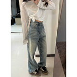 Vintage Blue Hole Wide Leg Jeans Women's Spring 2025 New Design Feeling Loose Straight Trousers