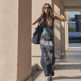 2025 Summer Women's New Street Hot Girl Print V Tie With Hollow Loose Dress Woman