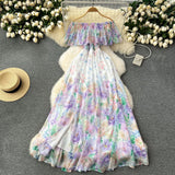 2025 New Flower Series Holiday Dress Women's Lotus Leaf Side Shoulder-Repair Long Chiffon Fairy Dress