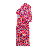 2025 Summer Women's Dress French Retro Print Oblique Shoulder Design Body-Body-Suited And Hip Dress Skirt Fashion Temperament