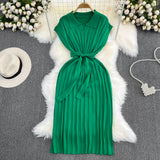 2025 Summer French Retro Temperament Polo Collar Loose Belt A-Word Knitted Dress Casual Dress
