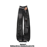 Black Multi-Pocket-Hole-Wear Jeans Women's Summer 2025 New High-Waist Design Wide-Legged Pants