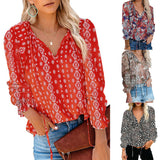 Women's Clothing 2025 Autumn And Winter New Broken Flower Printed Shirt V Collar Long-Sleeved T-Shirt Top Women