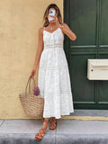 2025 Women's New Sling INS Hot V-Neck White Hollow Escium Embroidery Dress