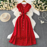 French Red Dot V-Neck Women's Short-Sleeved Dress Summer Single Buckle Tie With Thin A-Word Mid-Long Dress