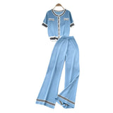 Small Fragrant Breeze Sleeze Sleeze Round-Neck Collar Knitted Top Women High-Waisted Leisure Broad-Legged Pants Summer Suit