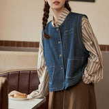 Vintage Denim Vest Vest Vest Women's Spring And Autumn Fashion Fashion New External Folding Shirt Shoulder Clip