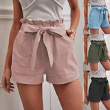 New 2025 Summer Women's Loose Flax Leisure Shorts Pocket Solid Colored High-Rise Broad Legs