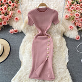 Korean Version Of The Solid Color Collar Buckle Body Short Sleeve Elastic Knitted Forked And Left-Sleeved Dress 0022