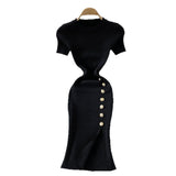 Korean Version Of The Solid Color Collar Buckle Body Short Sleeve Elastic Knitted Forked And Left-Sleeved Dress 0022