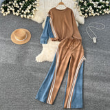 Korean Version Of The Casual Sports Suit Women's Autumn Design Feeling Loose Collar Collar High-Waisted Denim Splicing Trousers