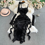 Vintage Red Velvet Sling Dress Woman Irregular Opening Sexy Bag Hip Heavy Industry Dress Dress 0453