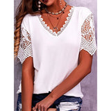 2025 Women's T-Shirt Burst Lace Splicing Loose V-Neck Short-Sleeved T-Shirt